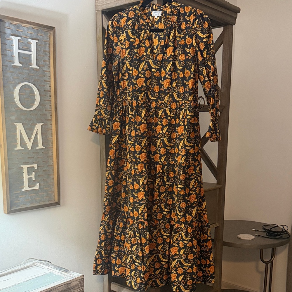 Floral Long Sleeve Dress - Black and Orange